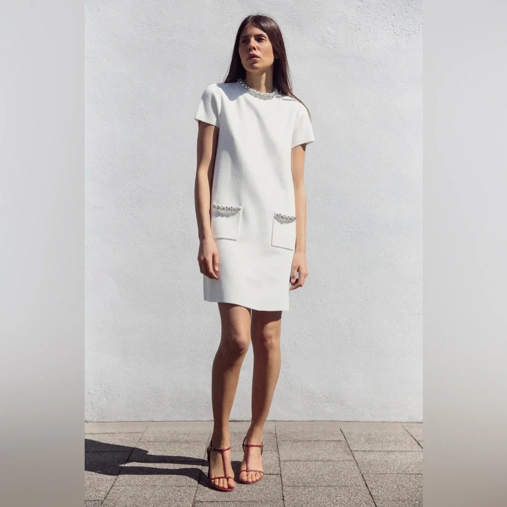 Zara White Mini Dress with Embellished Pockets - Picture 1 of 7